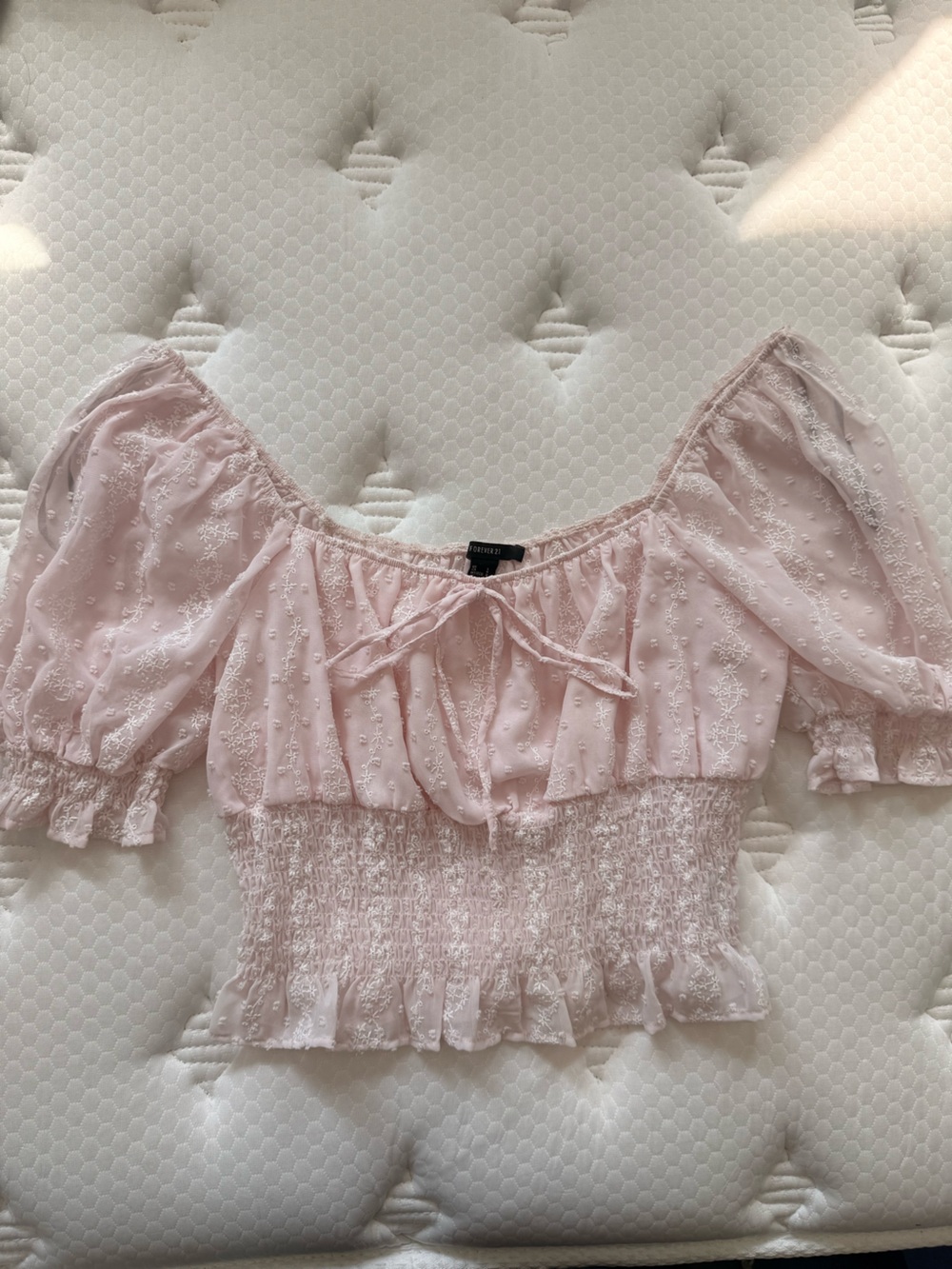 Forever 21 Light Pink Smocked Off-Shoulder Crop Top